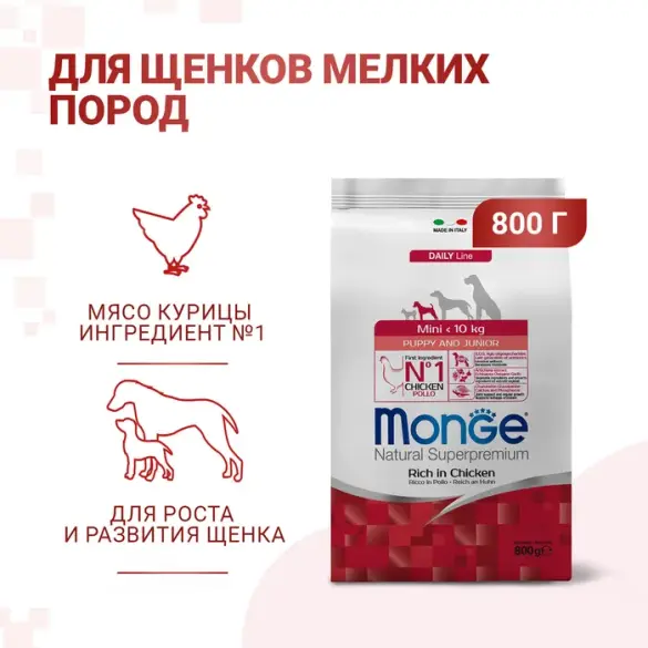 0,8кг Корм Monge Puppy&Junior SP Mini Chicken/Rice для щенков мелких пород с 2 месяцев c Курицей и рисом