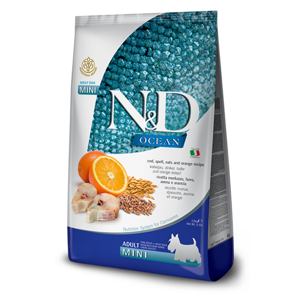 2,5кг Корм Farmina N&D Ocean Dog Codfish & Orange, Spelt Adult Mini низкозерновой для взрослых собак мелких с Треской, апельсином и спельтой