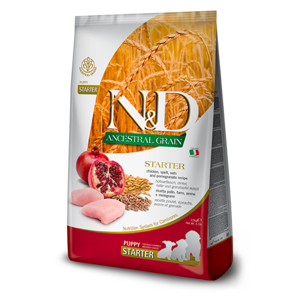 0,8кг Корм Farmina N&D Ancestral Grain Dog Chicken & Pomegranate Starter Puppy сухой низкозерновой для щенков до 2 месяцев, беременных и кормящих собак с Курицей и гранатом