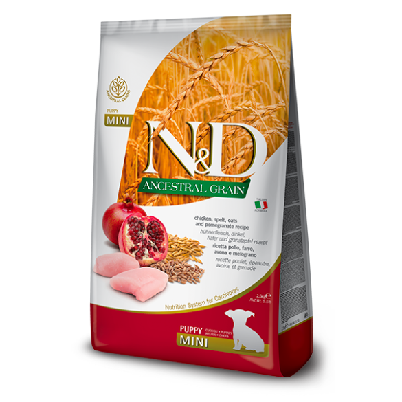 2,5кг Корм Farmina N&D Ancestral Grain Dog Chicken & Pomegranate Puppy Mini низкозерновой для щенков мелких пород, беременных и кормящих собак с Курицей и гранатом