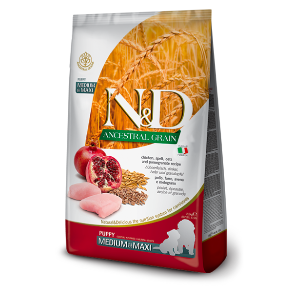 12кг Корм Farmina N&D Ancestral Grain Dog Chicken & Pomegranate Puppy Medium & Maxi низкозерновой для щенков крупных и средних пород, беременных и кормящих собак с Курицей и гранатом