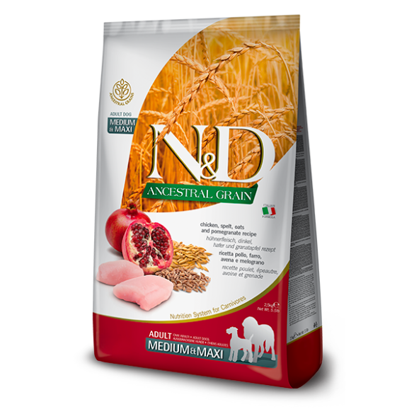 2,5кг Корм Farmina N&D Ancestral Grain Dog Chicken & Pomegranate Adult Medium & Maxi низкозерновой для взрослых собак средних и крупных пород с Курицей и гранатом