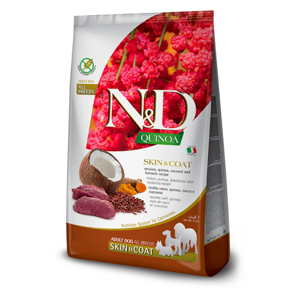 2,5кг Корм Farmina N&D Grain Free N&D Dog Quinoa Skin&Сoat Venison, coconut беззерновой для взрослых собак для кожи и шерсти с Олениной, киноа и кокосом