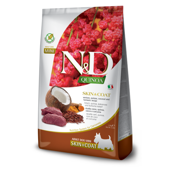 0,8кг Корм Farmina N&D Grain Free Quinoa Skin&Сoat Venison, coconut Adult Mini беззерновой для взрослых собак мелких пород для кожи и шерсти с Олениной, киноа и кокосом