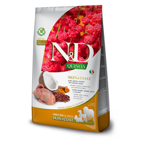 0,8кг Корм Farmina N&D Grain Free Quinoa Dog Skin & Coat Quail/Coconut беззерновой для взрослых собак для здоровья кожи и шерсти с Перепелом, кокосом и киноа
