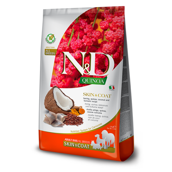0,8кг Корм Farmina N&D Grain Free Quinoa Dog Skin & Coat Herring/Coconut беззерновой для взрослых собак для здоровья кожи и шерсти с Сельдью, киноа и кокосом