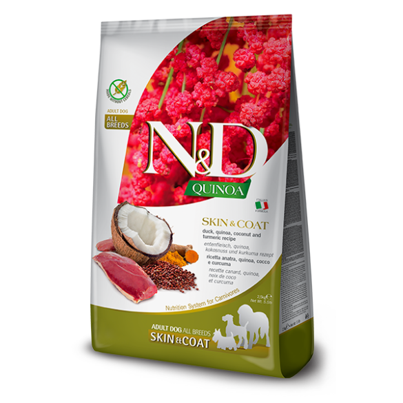 2,5кг Корм Farmina N&D Grain Free Quinoa Dog Skin & Coat Duck & Coconut беззерновой для взрослых собак для здоровья кожи и шерсти с Уткой, киноа и кокосом