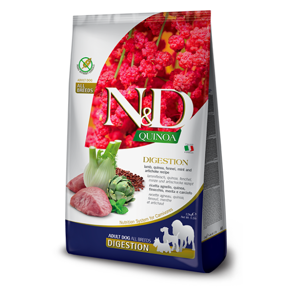 0,8кг Корм Farmina N&D Grain Free Quinoa Dog Digestion Lamb/Fennel беззерновой для взрослых собак для поддержки пищеварения с Ягненком, киноа и фенхель