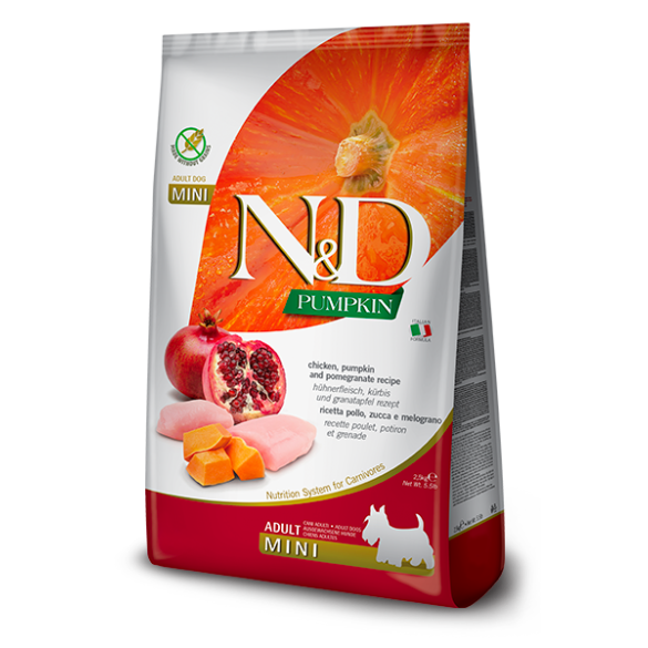 2,5кг Корм Farmina N&D Dog Grain Free Pumpkin Chicken & Pomegranate Adult Mini беззерновой для взрослых собак мелких пород с Курицей, гранатом и тыквой