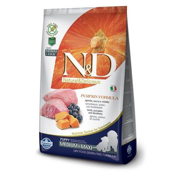 12кг Корм Farmina N&D Grain Free Pumpkin Dog Lamb & Blueberry Puppy Medium & Maxi беззерновой для щенков средних и крупных пород с Ягненком, черникой и тыквой