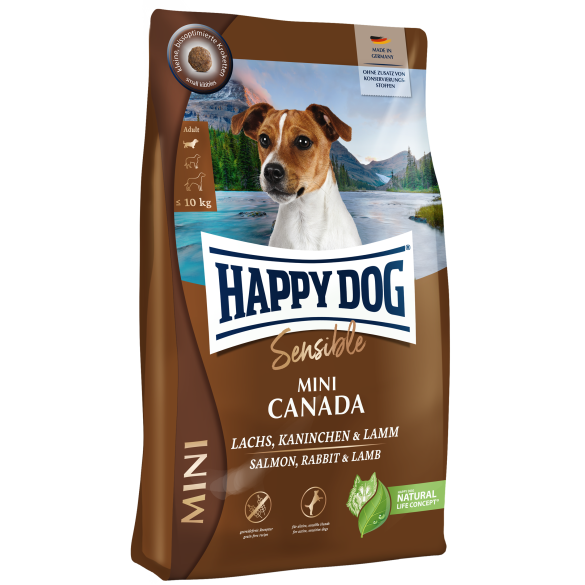 4кг Корм Happy Dog Mini Canada беззерновой, высококалорийный для взрослых собак мелких пород с чувствительным пищеварением с Лососем, кроликом, ягнёнком и мидиями