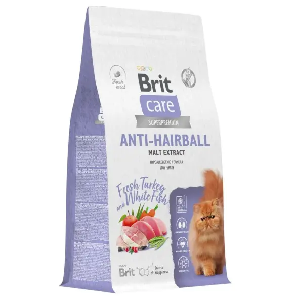 400гр Корм Brit Care Cat Anti-Hairball для кошек способствует выведению шерсти, белая рыба с индейкой