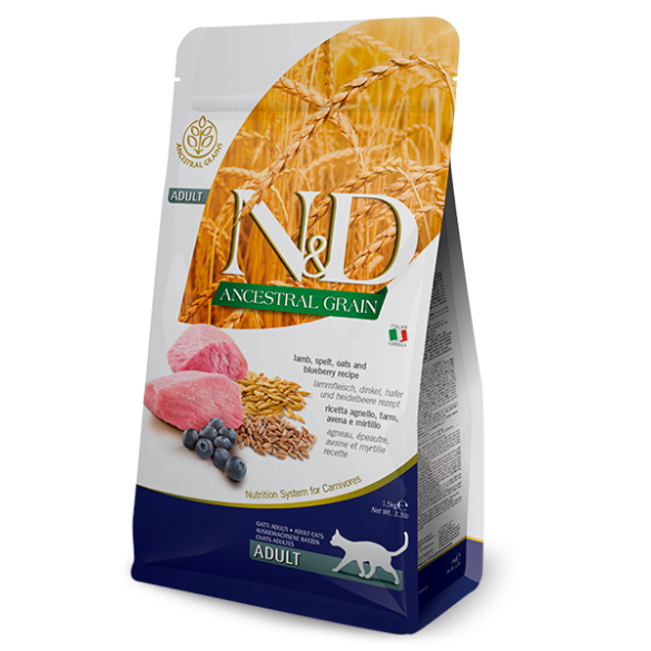 0,3кг Корм Farmina N&D Ancestral Grain Cat Lamb & Blueberry Adult низкозерновой для взрослых кошек с Ягненком и черникой