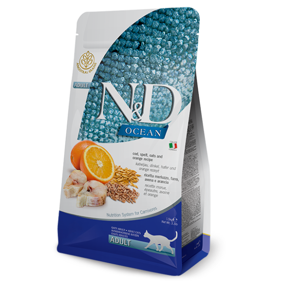 1,5кг Корм Farmina N&D Ocean Cat Godfish, Spelt, Oats & Orange Adult низкозерновой для взрослых кошек с Треской и апельсином