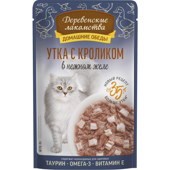 70г Влажный корм Деревенские лакомства для кошек Утка с Кроликом в нежном желе