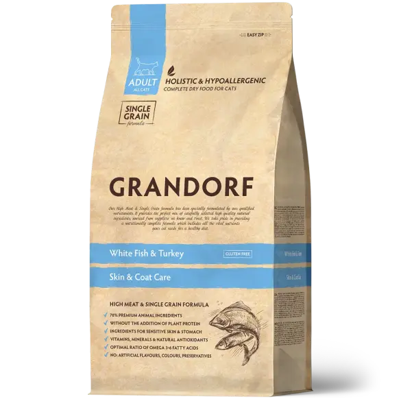 2кг Корм GRANDORF CAT White Fish&Turkey SKIN&CARE низкозерновой для кошек с белой рыбой и индейкой, забота о коже и шерсти