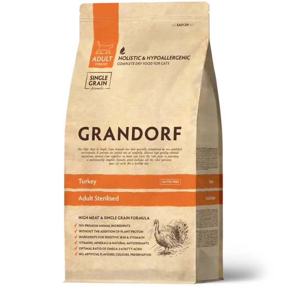0,4кг Корм GRANDORF CAT Turkey&Rice STERILISED низкозерновой для стерилизованных кошек с индейкой и рисом