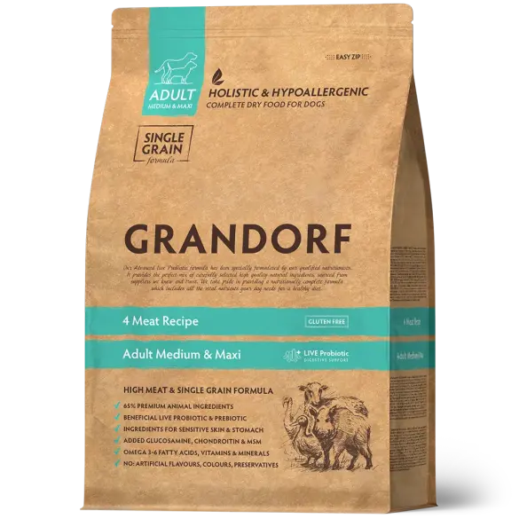 10кг Корм GRANDORF DOG 4 Meat PROBIOTIC MEDIUM&MAXI BREEDS гипоаллергенный для собак средних и крупных пород с пробиотиками и 4 вида мяса