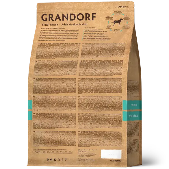10кг Корм GRANDORF DOG 4 Meat PROBIOTIC MEDIUM&MAXI BREEDS гипоаллергенный для собак средних и крупных пород с пробиотиками и 4 вида мяса