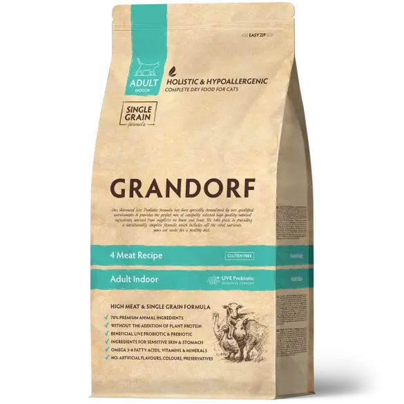 0,4кг Корм GRANDORF CAT 4 Meat PROBIOTIC INDOOR низкозерновой для кошек с пробиотиками и 4 вида мяса (срок до 16.06.2026)