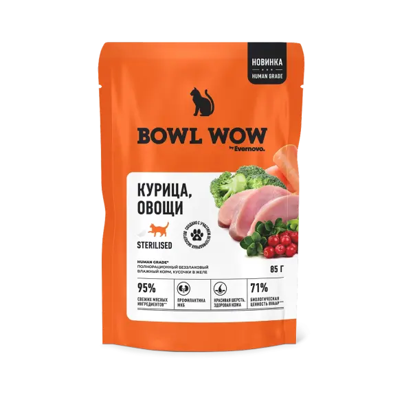 85г Влажный корм Bowl Wow для стерилизованных кошек кусочки с Курицей и Овощами в желе