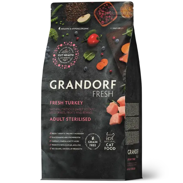 0,4кг Корм GRANDORF CAT Fresh Turkey&Sweet Potato Adult Sterilised беззерновой гипоаллергенный для взрослых стерилизованных кошек, Индейка с Бататом