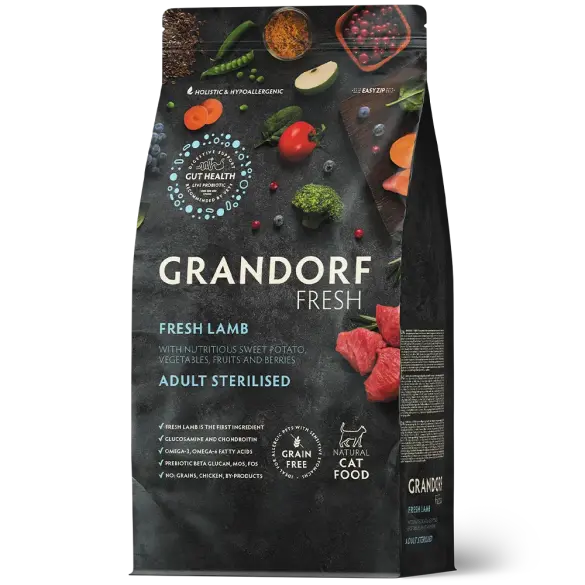 0,4кг Корм GRANDORF CAT Fresh Lamb&Sweet Potato Adult Sterilised беззерновой гипоаллергенный для взрослых стерилизованных кошек, Ягненок с Бататом
