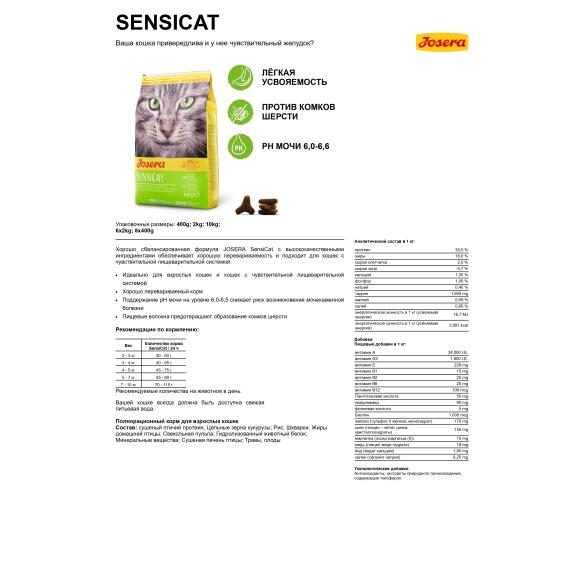 10кг Корм Josera Sensicat (Adult Sensitive 33/18) для взрослых кошек с чувствительным пищеварением