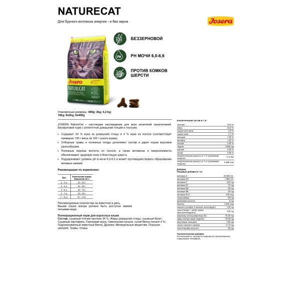 10кг Корм Josera NatureCat (Adult Sensitive 33/20) беззерновой для кошек с чувствительным пищеварением и котят от 6 месяцев с домашней Птицей и Лососем