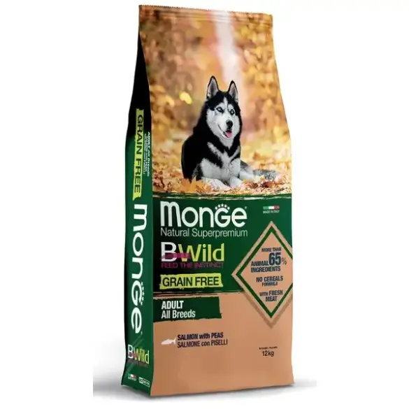 12кг Корм Monge Dog BWild Grain Free Adult Salmon беззерновой для взрослых собак всех пород с Лососем