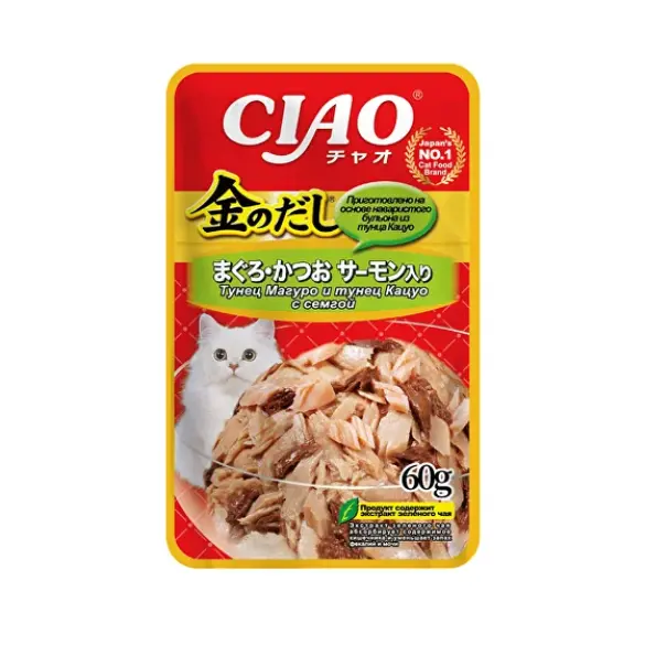 60г Влажный корм INABA Ciao Kinnodashi для кошек с Тунцом Магуро, Тунцом Кацуо и Сёмгой