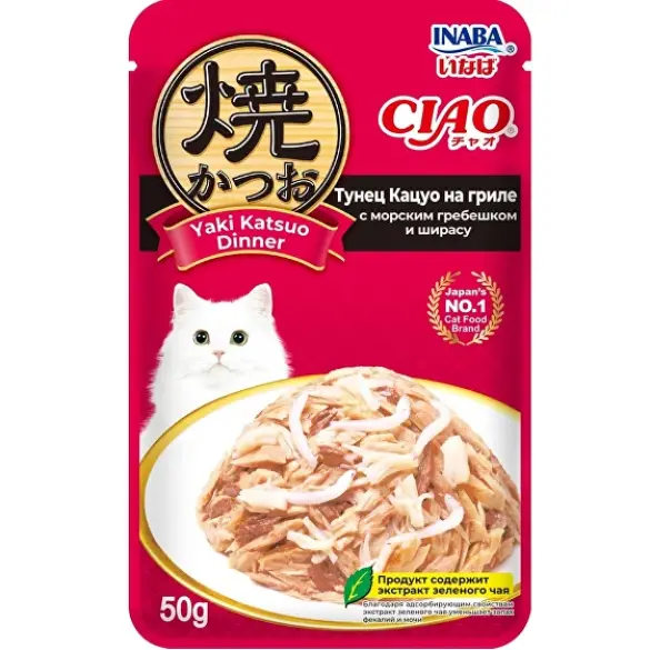 50г Влажный корм INABA Ciao Yaki Katsuo для кошек Тунец Кацуо на гриле с Морским гребешком и Ширасу в соусе