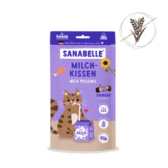 55г Лакомство Bosch Sanabelle Milk "Молочные подушечки" для кошек с 6 месяцев с Курицей и молочной начинкой
