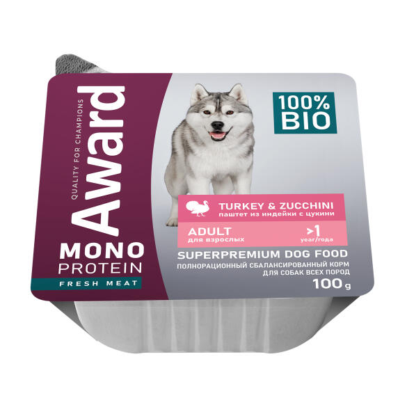 100г Влажный корм AWARD Monoprotein для взрослых собак паштет из Индейки с Цукини