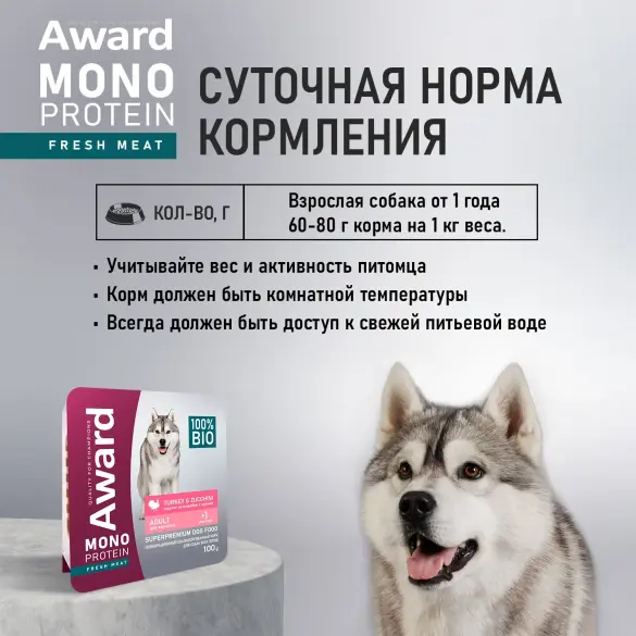100г Влажный корм AWARD Monoprotein для взрослых собак паштет из Индейки с Цукини