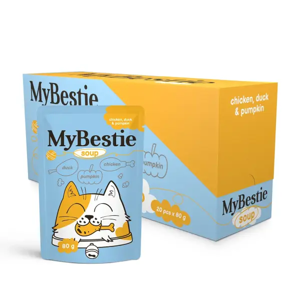 80г Влажный корм MyBestie Суп для кошек с кусочками Курицы, Утки и Тыквы