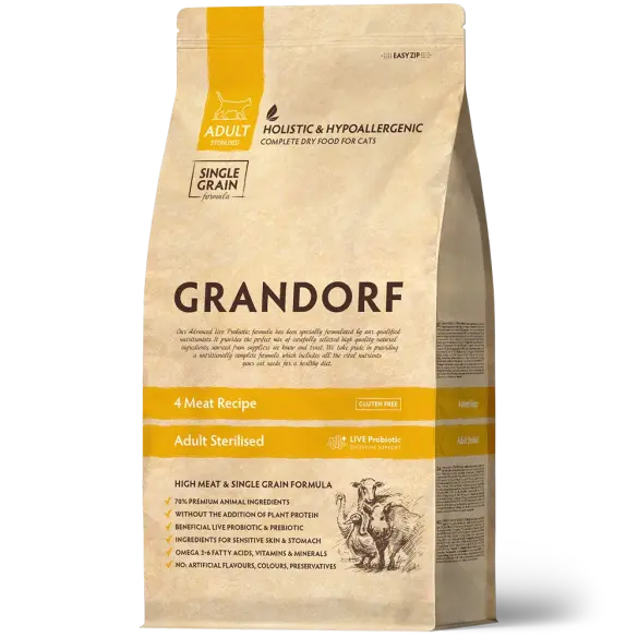 8кг Корм GRANDORF CAT 4 Meat PROBIOTIC STERILISED низкозерновой для стерилизованных кошек с пробиотиками и 4 вида мяса
