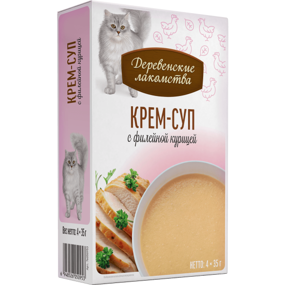 4*35г Лакомство Деревенские лакомства для кошек крем-суп с Филейной Курицей