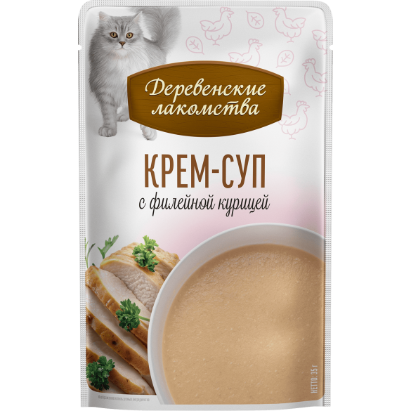 4*35г Лакомство Деревенские лакомства для кошек крем-суп с Филейной Курицей