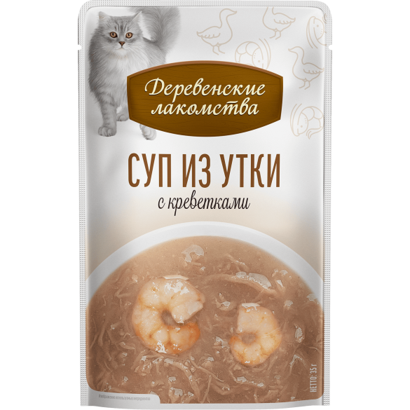 4*35г Лакомство Деревенские лакомства для кошек суп из Утки с Креветками