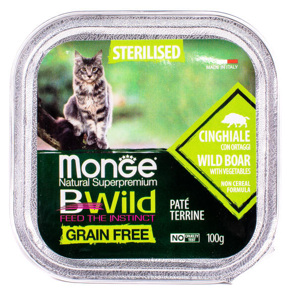 100гр Влажный корм Monge Cat BWild Grain Free Sterilised Boar/vegetables беззерновой для стерилизованных кошек с Кабаном и овощами, паштет