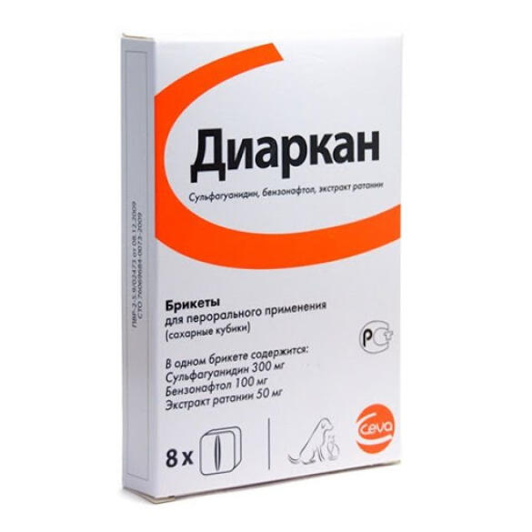 Диаркан CEVA для лечения диарей (кишечная палочка, сальмонелла, шигелла и др) у кошек и собак, 1 сахарный кубик