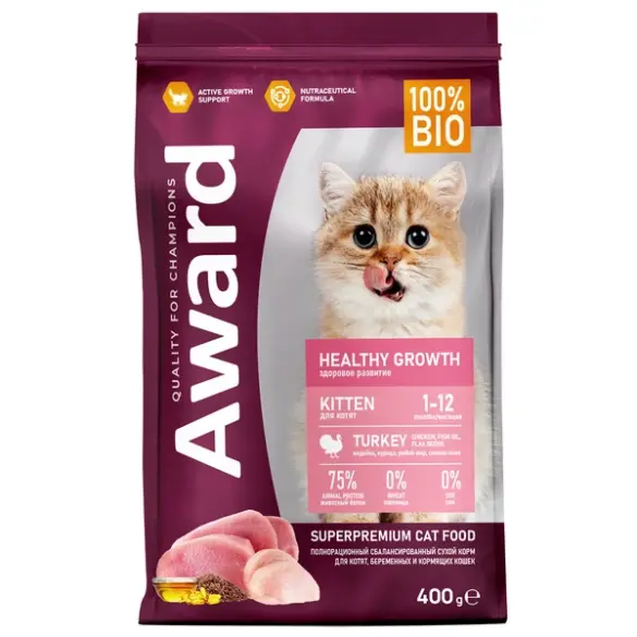 0,4кг Корм Award Healthy growth для котят от 1 месяца, беременных и кормящих кошек с Индейкой и Курицей с добавлением рыбьего жира и семян льна