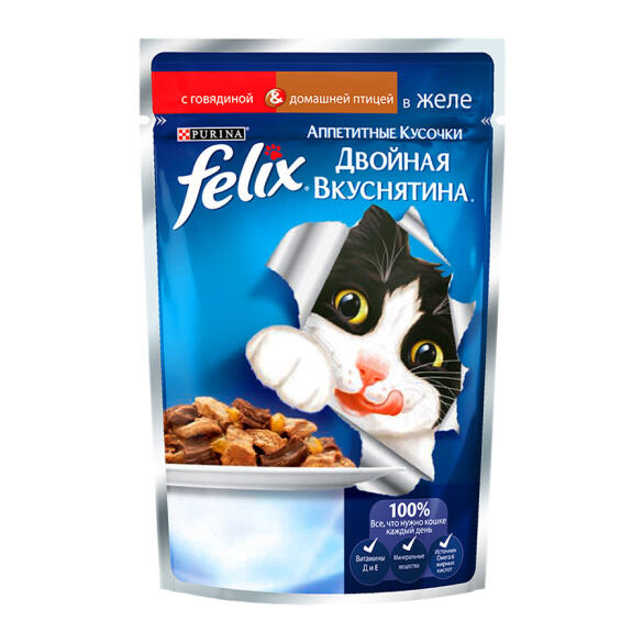 75гр Корм для кошек FELIX двойная вкуснятина с Говядиной и Домашней Птицей
