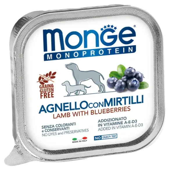 150гр Влажный корм Monge Dog Monoprotein FRUIT Lamb/Blueberries для взрослых собак паштет из Ягненка с черникой