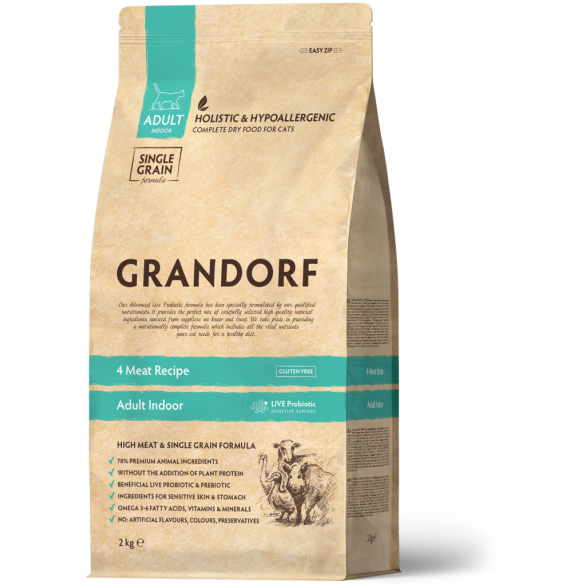 2кг Корм GRANDORF CAT 4 Meat PROBIOTIC INDOOR низкозерновой для кошек с пробиотиками и 4 вида мяса