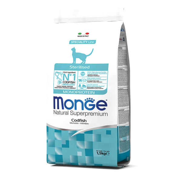 1,5кг Корм Monge Cat Monoprotein Sterilized Codfish Монопротеиновый для стерилизованных кошек с Треской