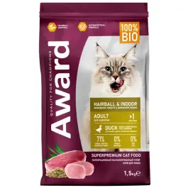 1,5кг Корм Award Hairball & Indoor для взрослых кошек для выведения шерсти с Уткой и Индейкой с добавлением зеленой чечевицы и Юкки Шидигера