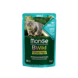 85гр Влажный корм Monge Cat BWild Grain Free Adult Merluz/vegetables беззерновой для взрослых кошек с Треской, креветками и овощами (пауч)