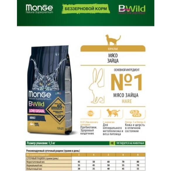 1,5кг Корм Monge Cat Bwild Low Grain Adult HARE низкозерновой для взрослых кошек с мясом Зайца